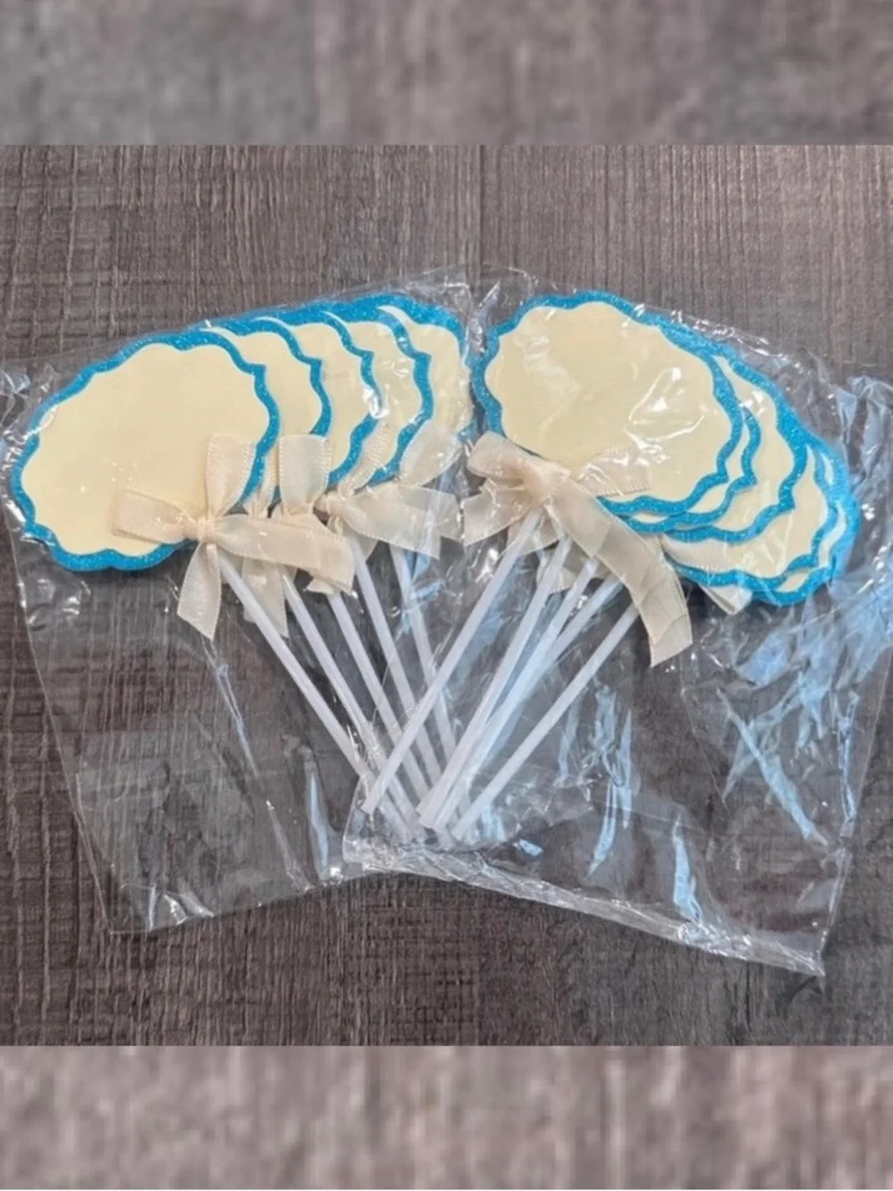 💞 New Pack of 10 Cream & Blue Glitter Buffet Food Label Cupcake Toppers